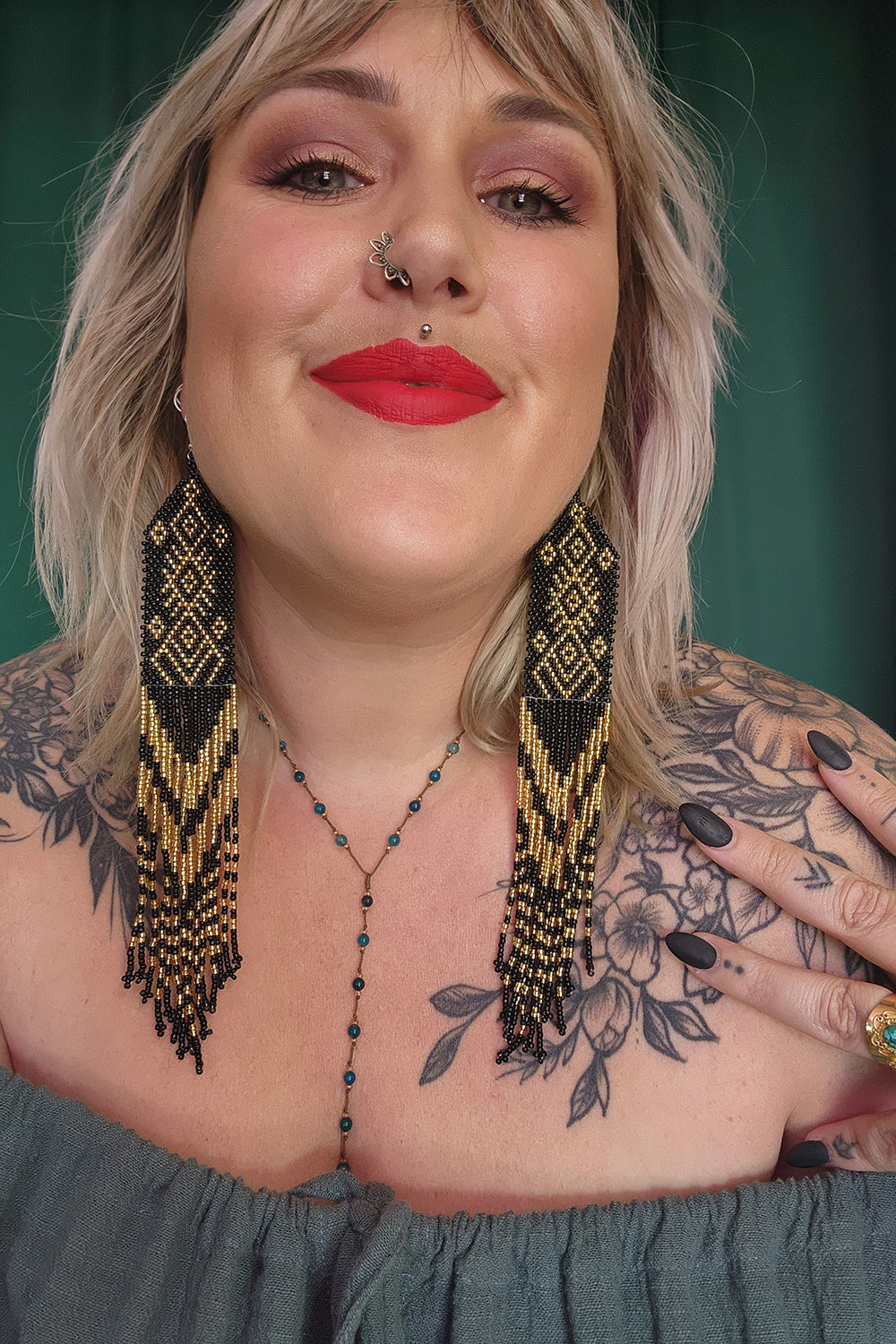 Aztec Beaded Earrings - Black and Gold by Jinx the Label