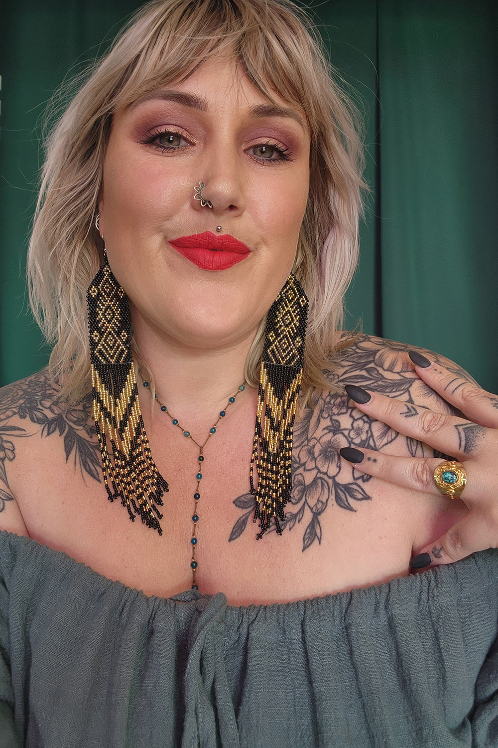 Aztec Beaded Earrings - Black and Gold by Jinx the Label