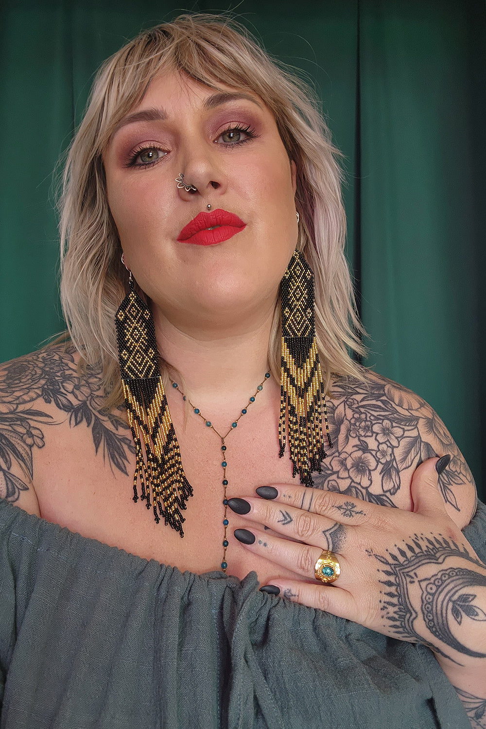 Aztec Beaded Earrings - Black and Gold by Jinx the Label