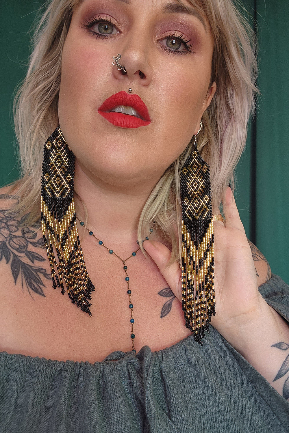 Aztec Beaded Earrings - Black and Gold by Jinx the Label
