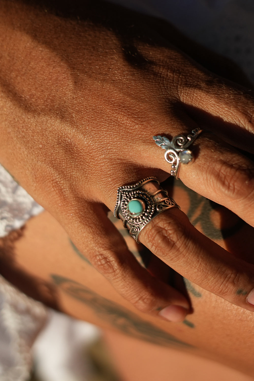 Discover the Luna Ring by Jinx the Label, a delicate sterling silver ring featuring natural moonstone, feather detailing and intricate bohemian silverwork.