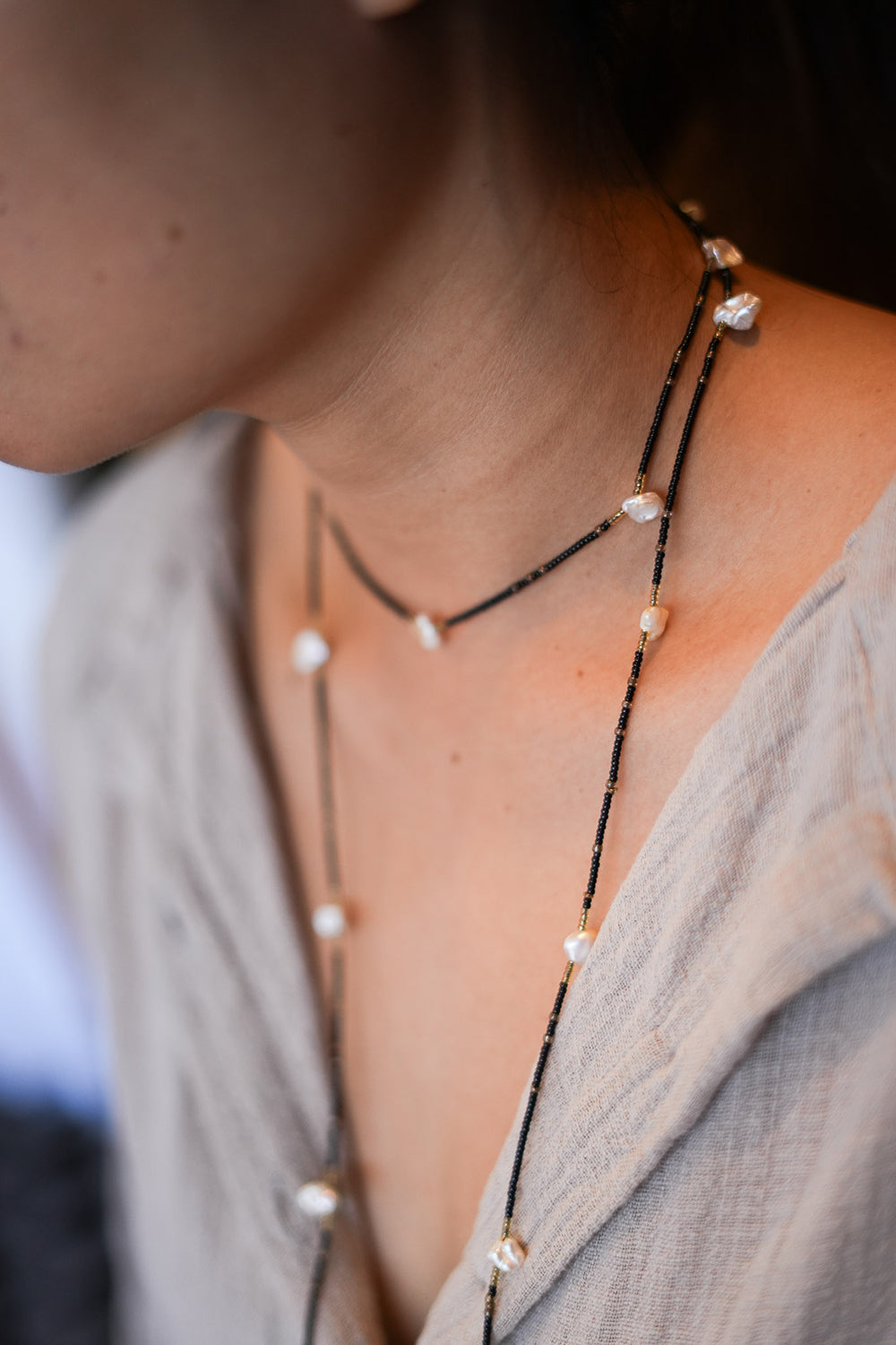 Moonlit Pearl Strand Necklace - Onyx Night - Sunspell by Jinx the Label