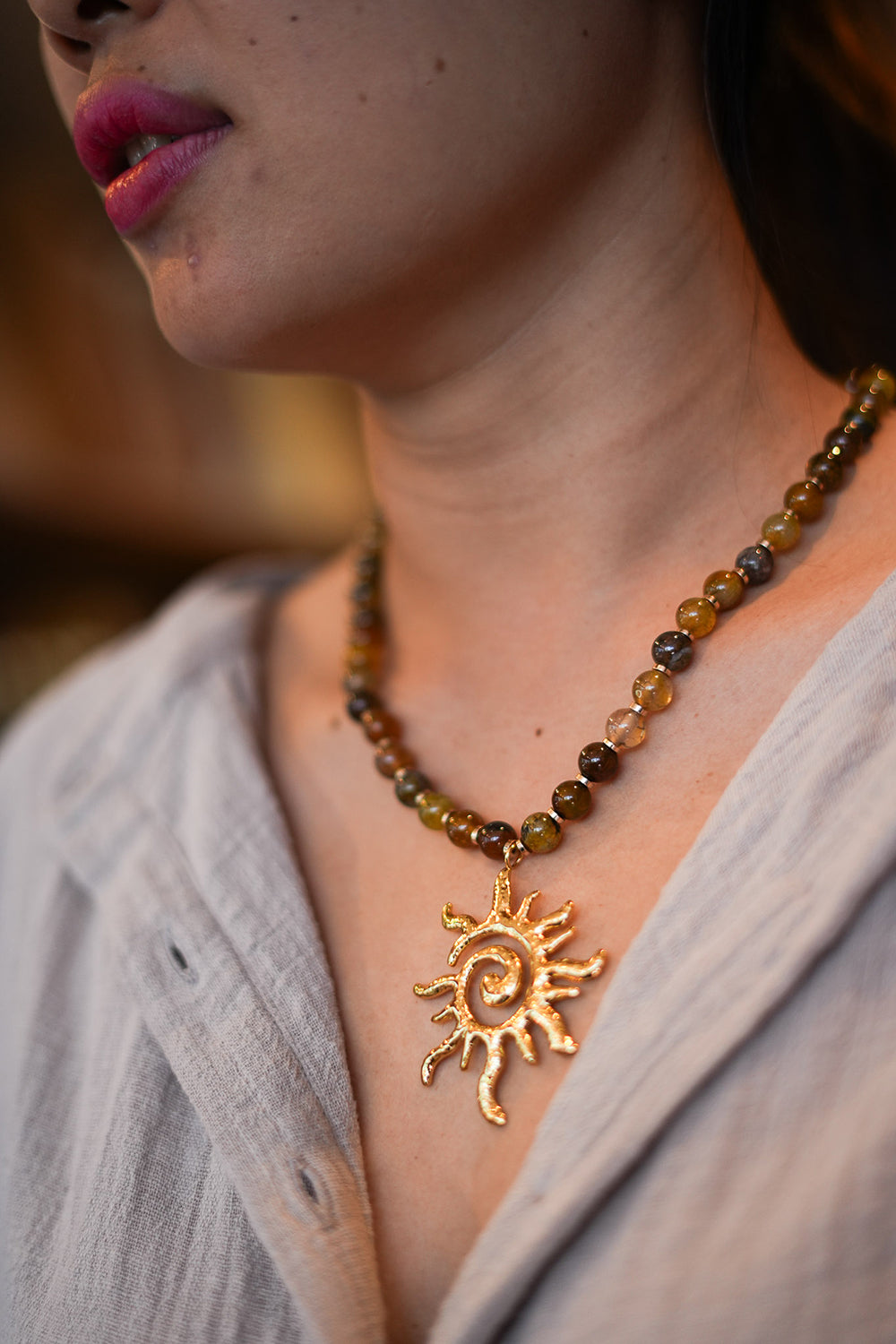 Spiral Sun Necklace - Amber Agate Gold - Sunspell by Jinx the Label