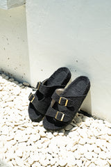 Footwear by Jinx the Label, the Woven Slides in Black