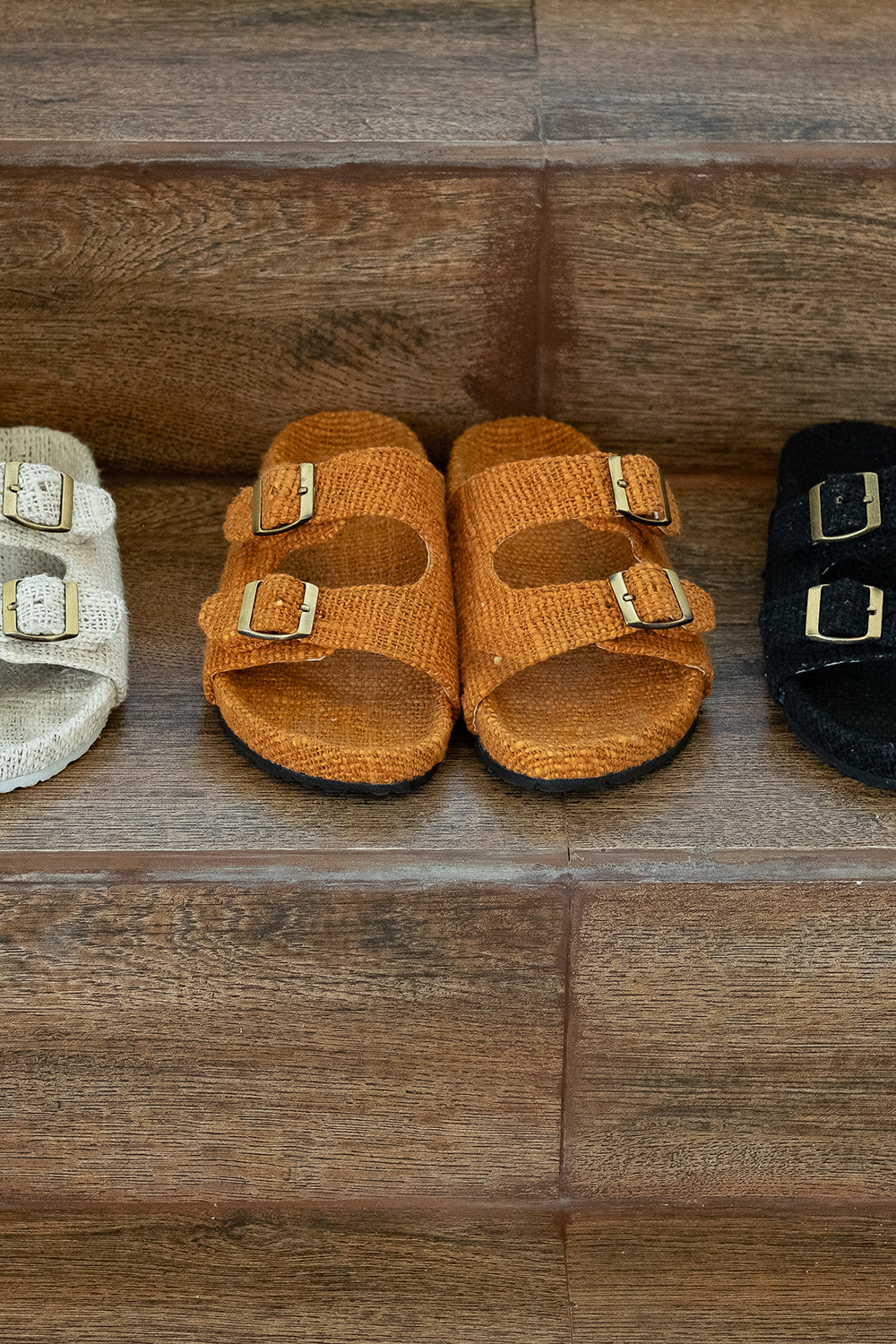 Footwear by Jinx the Label, the Woven Slides in Terracotta