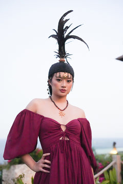 Meet the Amazonian Maxi Dress in Maroon, a flowing rayon maxi with an off shoulder neckline, keyhole bodice, balloon sleeves and sweeping tiers.