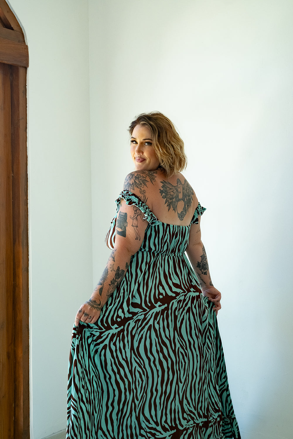 The Betty Maxi Dress in Chocolate Mint Zebra by Jinx the Label