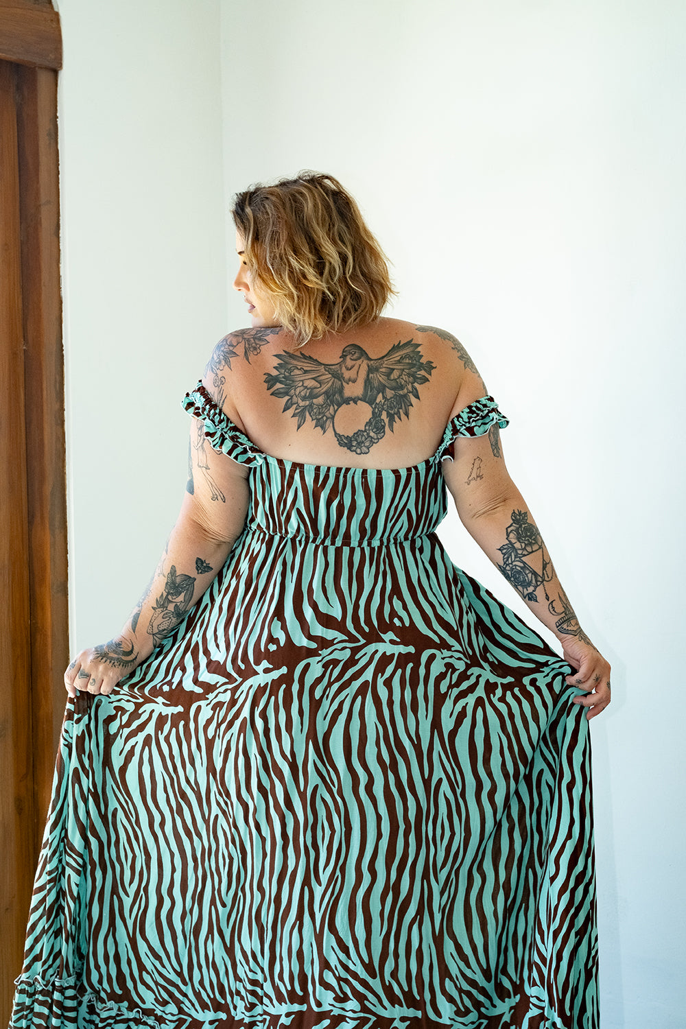 The Betty Maxi Dress in Chocolate Mint Zebra by Jinx the Label