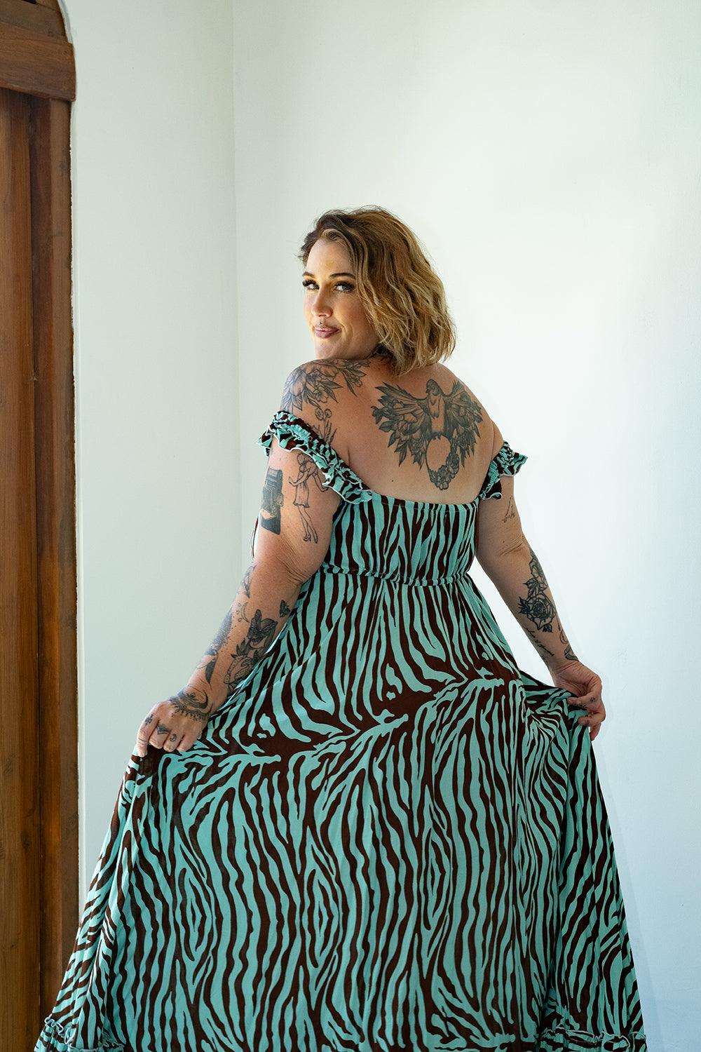 The Betty Maxi Dress in Chocolate Mint Zebra by Jinx the Label