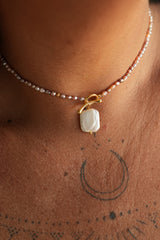 Shop the Baroque Pearl Necklace in Pink, with seed pearls and a luminous baroque pearl pendant from the Earth Altering collection by Jinx the Label.