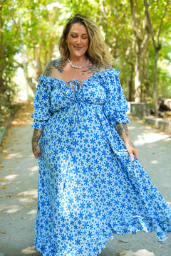 Shop the Betty Maxi Dress in Blue Floral Magic, with romantic sleeves, frill details and a flowing rayon silhouette. Handmade in Bali by Jinx the Label.