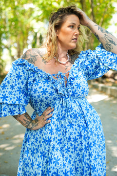 Shop the Betty Maxi Dress in Blue Floral Magic, with romantic sleeves, frill details and a flowing rayon silhouette. Handmade in Bali by Jinx the Label.