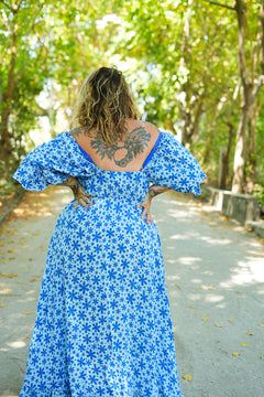 Shop the Betty Maxi Dress in Blue Floral Magic, with romantic sleeves, frill details and a flowing rayon silhouette. Handmade in Bali by Jinx the Label.