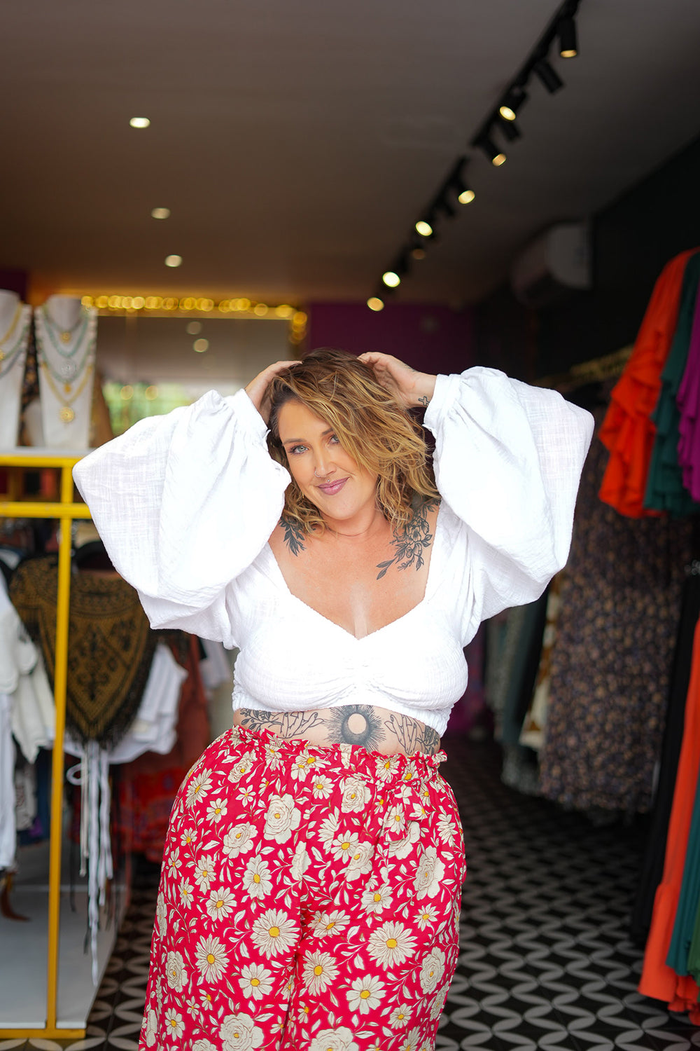 Chantelle Palazzo Pants in Wild Daisy Rouge by Jinx the Label