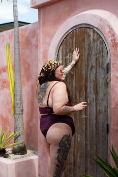 The Cherry Top in Deep Plum by Jinx the Label. Ethically handmade in Bali with a flattering V wire neckline, supportive fit and inclusive sizing.