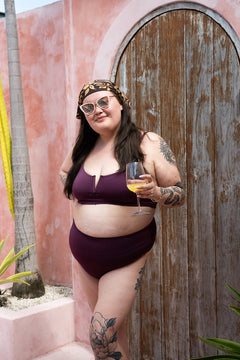 The Cherry Top in Deep Plum by Jinx the Label. Ethically handmade in Bali with a flattering V wire neckline, supportive fit and inclusive sizing.