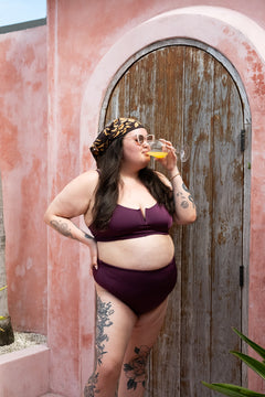 The Cherry Top in Deep Plum by Jinx the Label. Ethically handmade in Bali with a flattering V wire neckline, supportive fit and inclusive sizing.