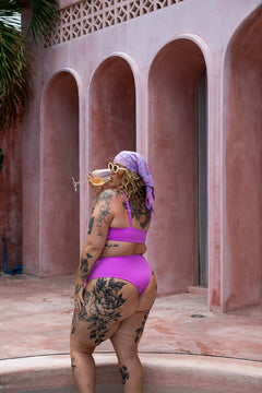 The Cherry Top in Pink by Jinx the Label. Ethically handmade in Bali with a flattering V wire neckline, supportive fit and inclusive sizing.