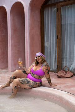 The Cherry Top in Pink by Jinx the Label. Ethically handmade in Bali with a flattering V wire neckline, supportive fit and inclusive sizing.