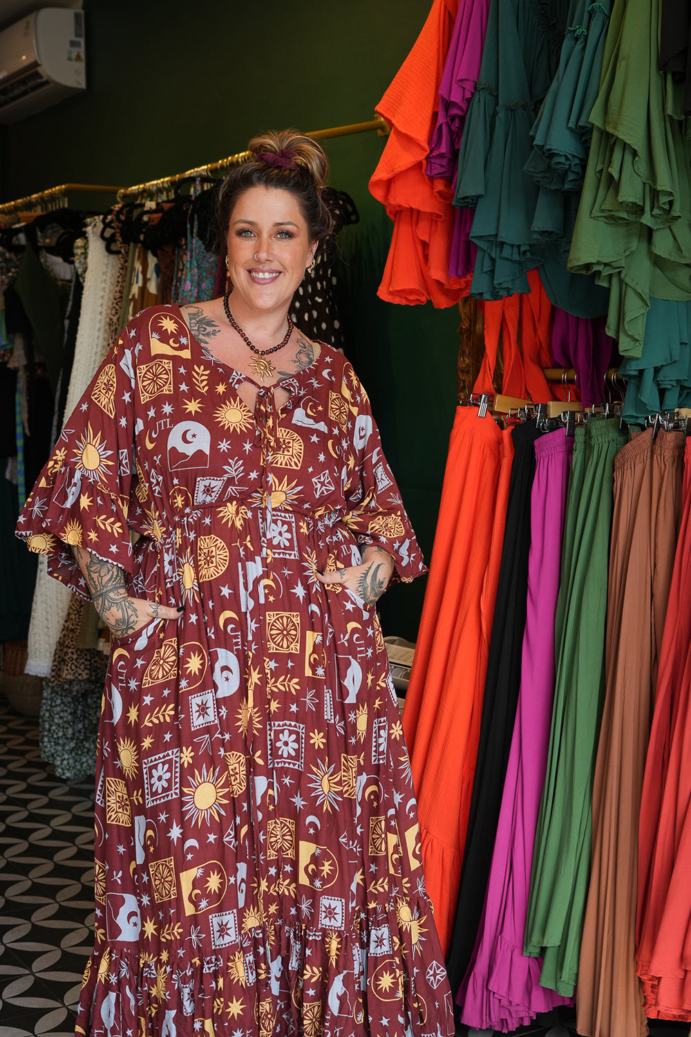 Shop the Daisy Lou Maxi Dress in Celestial Moon, with flutter sleeves, an adjustable waist and flowing tiered skirt. Handmade in Bali by Jinx the Label.