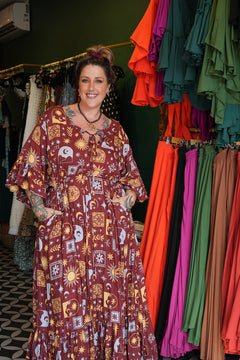 Shop the Daisy Lou Maxi Dress in Celestial Moon, with flutter sleeves, an adjustable waist and flowing tiered skirt. Handmade in Bali by Jinx the Label.