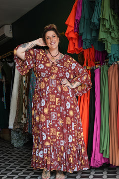 Shop the Daisy Lou Maxi Dress in Celestial Moon, with flutter sleeves, an adjustable waist and flowing tiered skirt. Handmade in Bali by Jinx the Label.