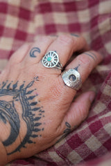 Discover the Eclipse Ring by Jinx the Label, a bold sterling silver statement ring featuring an open centre and hand worked celestial sunburst detailing.