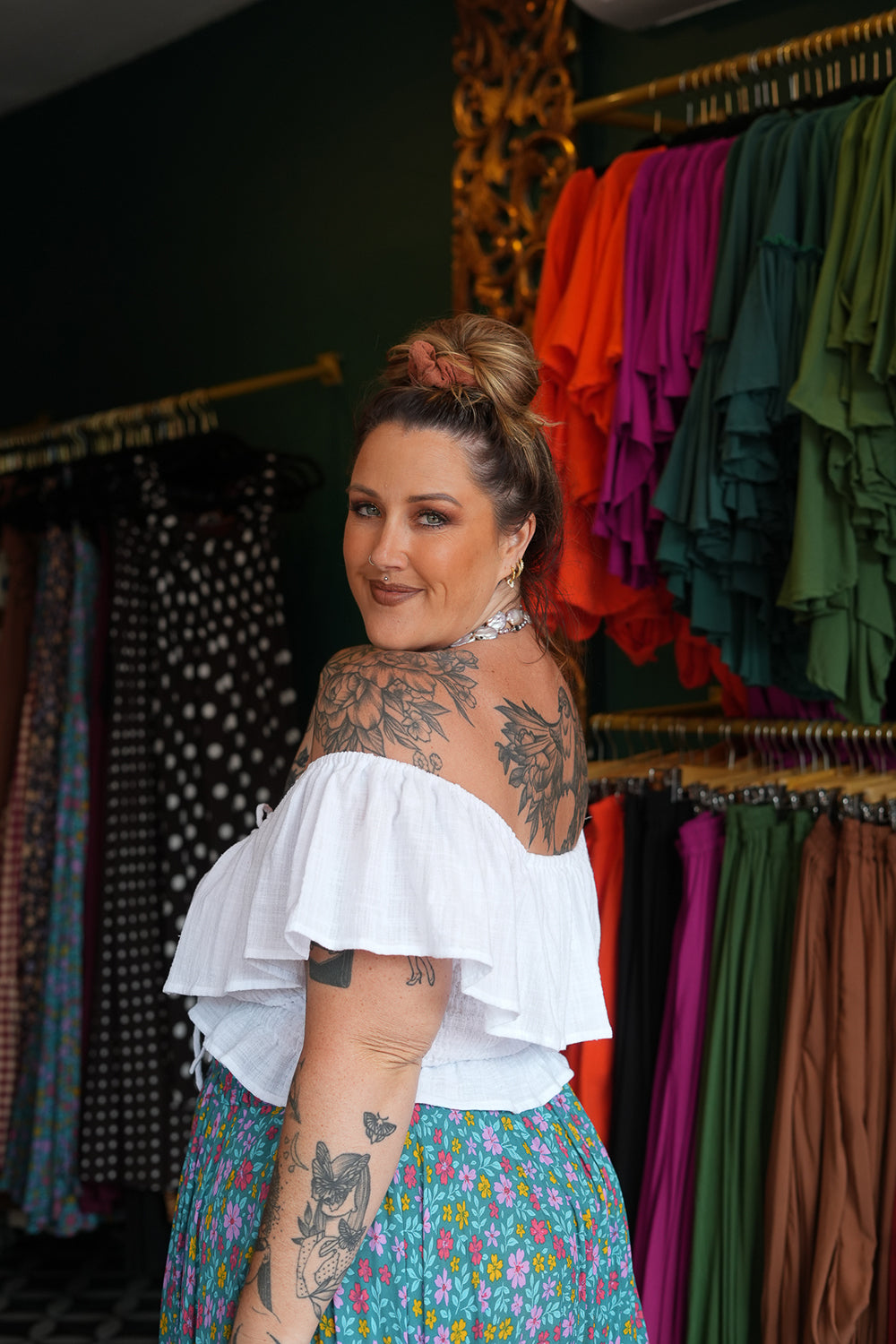 Meet the Fae Skirt in Aqua Bloom, a flowing floral boho maxi with an elastic waist, drawstring, buttons and pockets. Wear it as a skirt or strapless dress.