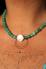 Shop the Gaia Pearl Necklace in Forest Agate, featuring green natural stone beads, an organic statement pearl and delicate gold toned details by Jinx the Label.
