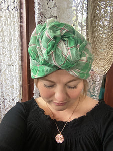 French turban wrap- lime green plaid