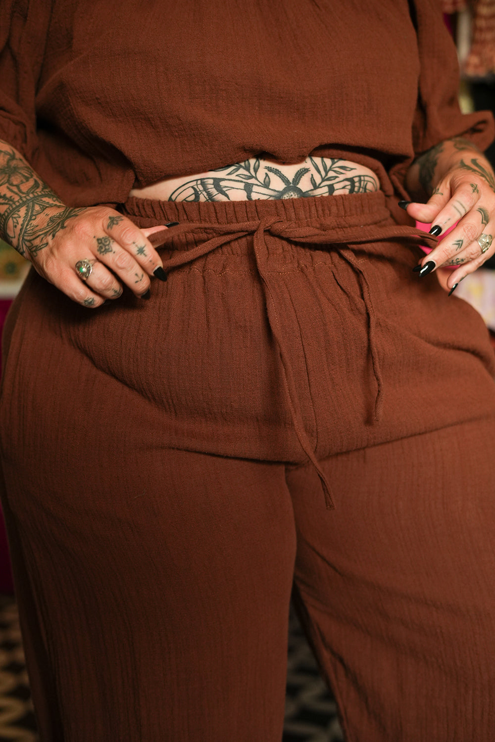 Meet the Juno Long Pants in Cocoa, relaxed cotton boho pants with pockets, drawstring waist and gathered ankles. Pair with the matching Marshya Top.