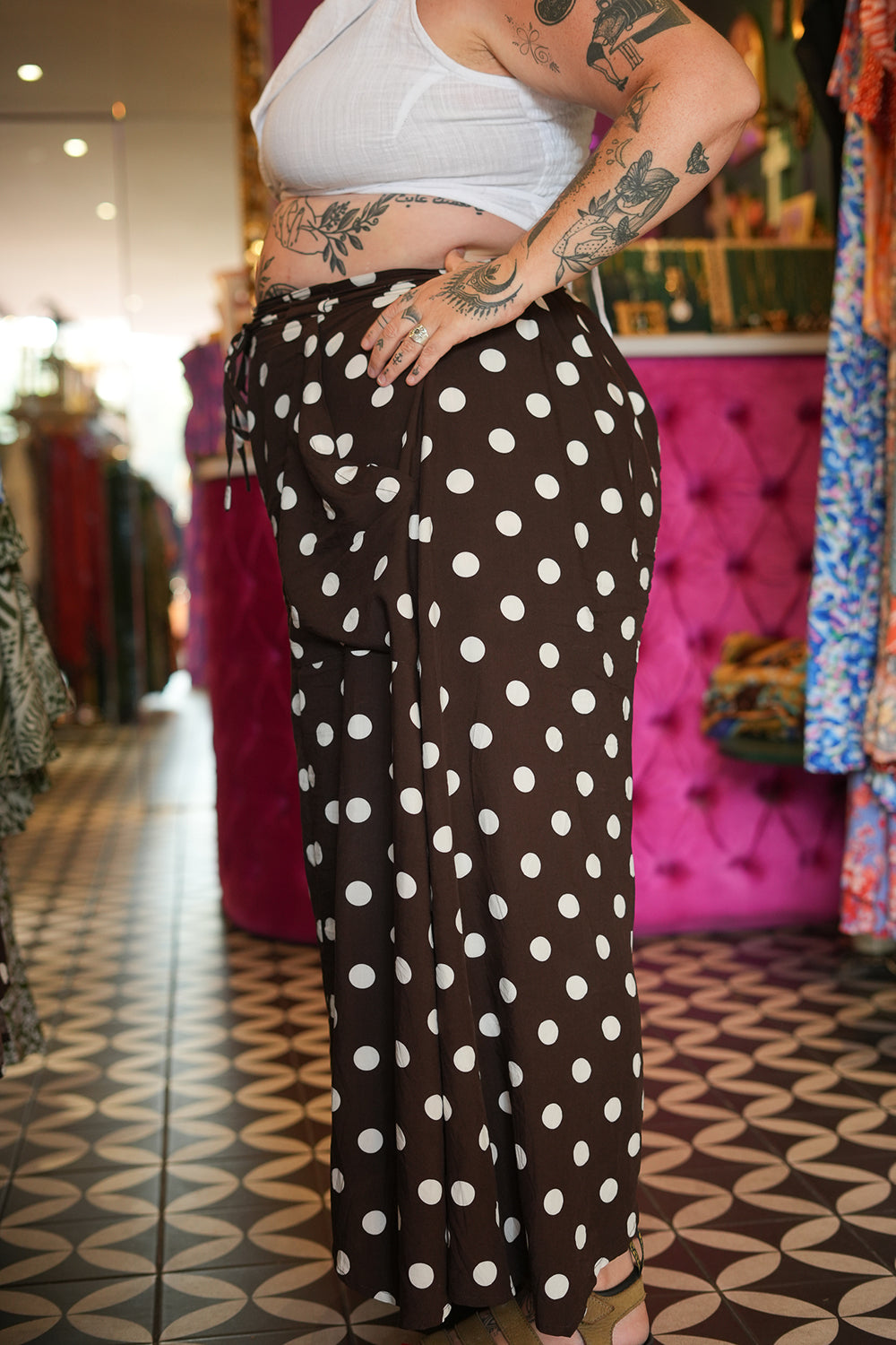 Meet the Kirana Pants in Polkadot Brown, flowing rayon wide leg pants with a comfortable elasticated waist. Handmade in Bali by Jinx the Label.