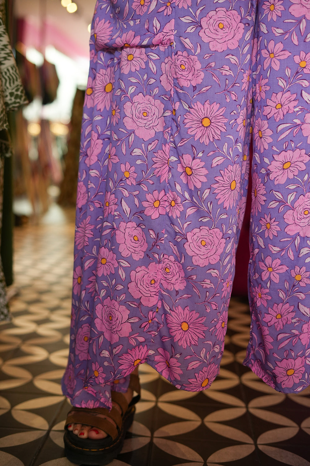 Meet the Kirana Pants in Sugarbloom. Floaty rayon wide leg pants in our dreamy purple and pink floral print, with an elastic waist, drawstring and pockets.