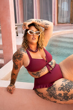 The Matahari Top in Maroon by Jinx the Label. Handmade in Bali with a flattering V wire neckline, adjustable straps and inclusive sizing.