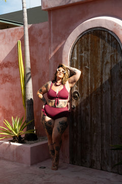 The Matahari Top in Maroon by Jinx the Label. Handmade in Bali with a flattering V wire neckline, adjustable straps and inclusive sizing.