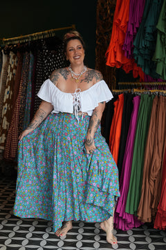 Maria Top in soft White Cotton with an off-shoulder ruffle neckline, adjustable lace up front and shirred waist. Handmade in Bali by Jinx the Label.