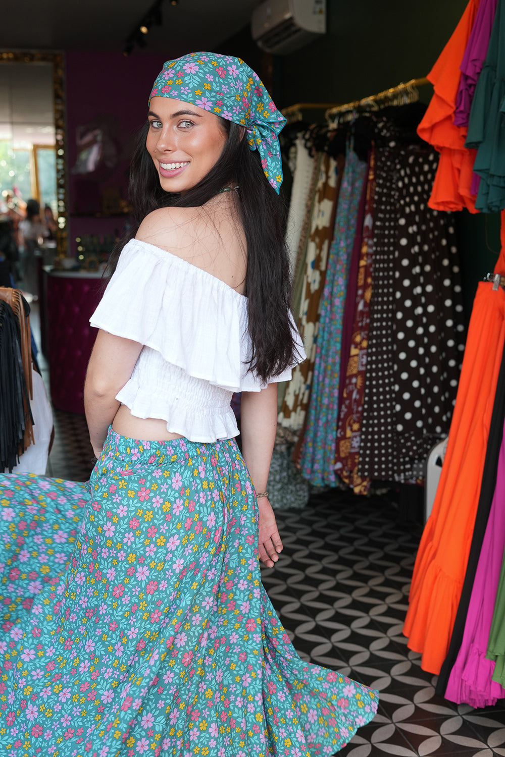 Maria Top in soft White Cotton with an off-shoulder ruffle neckline, adjustable lace up front and shirred waist. Handmade in Bali by Jinx the Label.