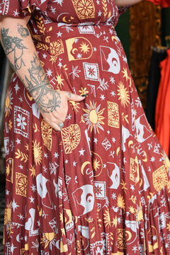 Shop the Mary Maxi Dress in Celestial Moon, with butterfly sleeves, deep V-neck and a flowing full circle skirt. Handmade in Bali by Jinx the Label.
