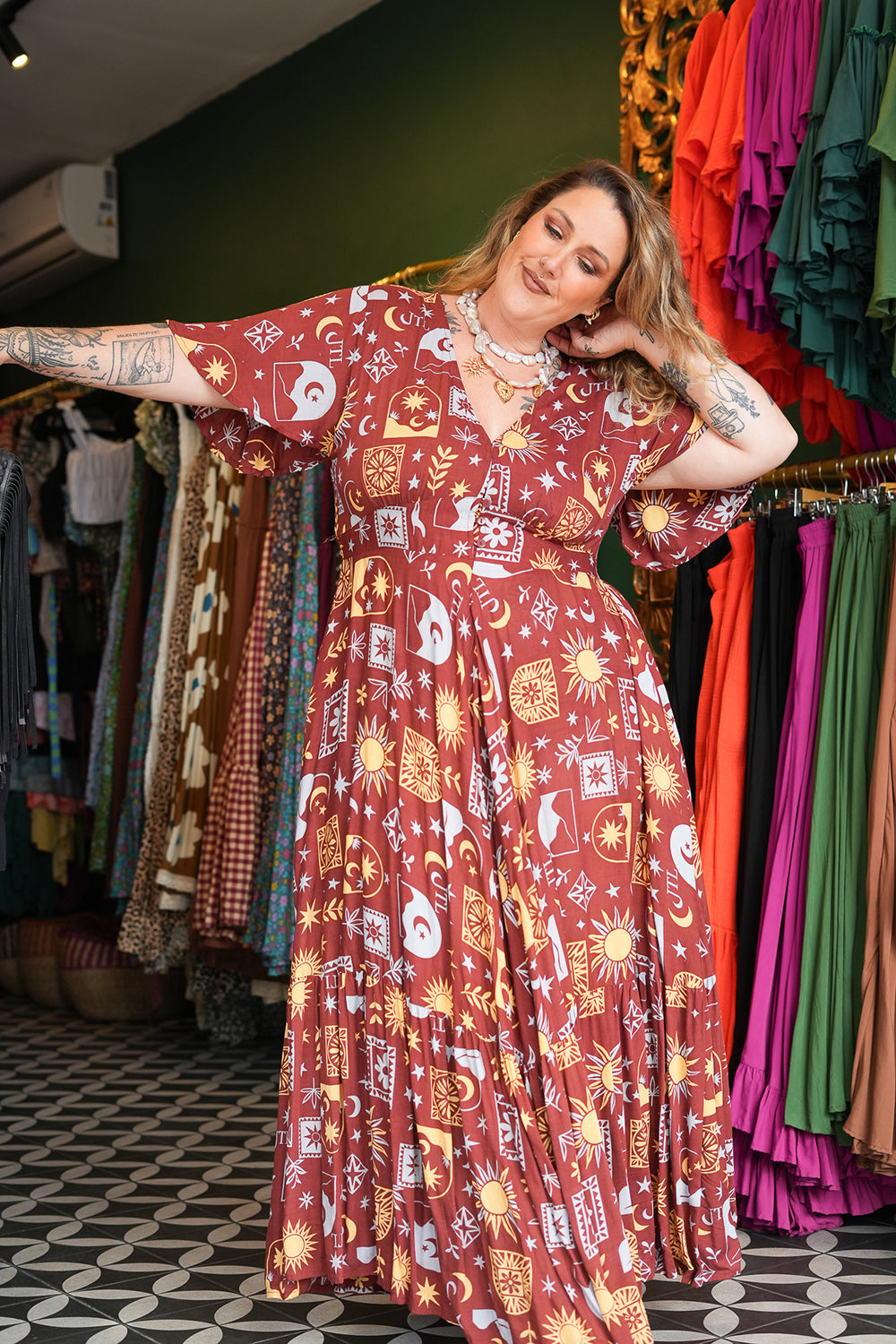 Shop the Mary Maxi Dress in Celestial Moon, with butterfly sleeves, deep V-neck and a flowing full circle skirt. Handmade in Bali by Jinx the Label.
