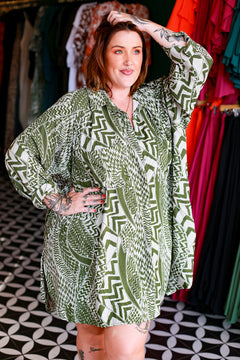 Rama Oversized Shirt Dress - Abstract Olive by Jinx the Label
