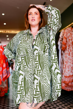 Rama Oversized Shirt Dress - Abstract Olive by Jinx the Label