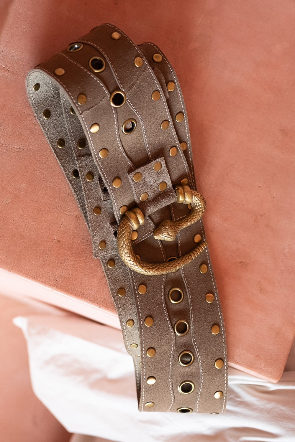 Slytherin Belt | Genuine Suede Leather Statement Belt in Desert Taupe | Jinx The Label