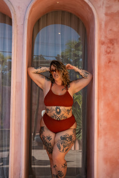 The Starlet Bottom Burnt Orange by Jinx the Label. Handmade in Bali with premium shirred swim fabric, flattering coverage and inclusive sizing.