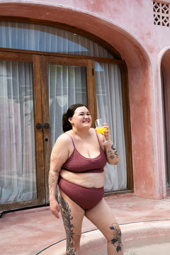 The Starlet Bottom Dusty Mauve by Jinx the Label. Handmade in Bali with premium shirred swim fabric, flattering coverage and inclusive sizing.