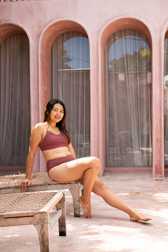 The Starlet Top in Dusty Mauve by Jinx the Label. Handmade in Bali with premium shirred swim fabric, adjustable straps and inclusive sizing.