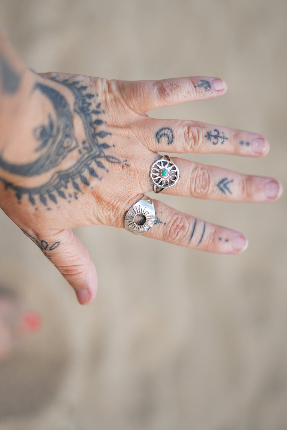 Discover the Solara Ring by Jinx the Label, a sterling silver sun inspired ring featuring a natural turquoise centre stone and delicate bohemian detailing.