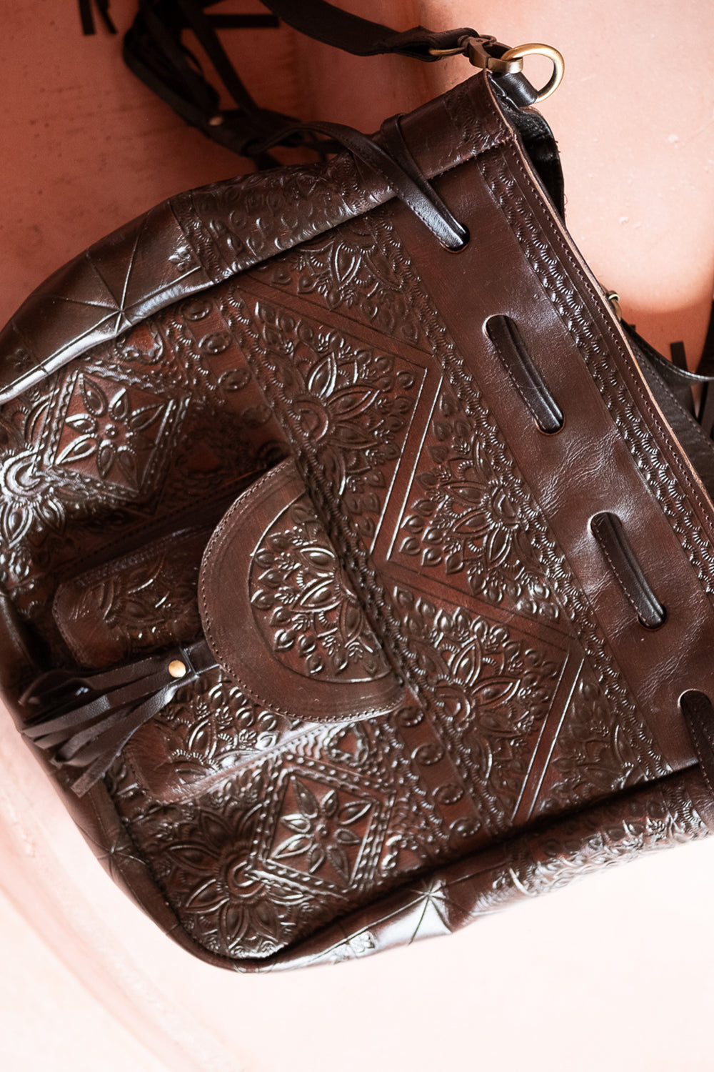 Wayfarer Bag | Hand Tooled Leather Crossbody Bag in Outlaw Oak | Jinx The Label