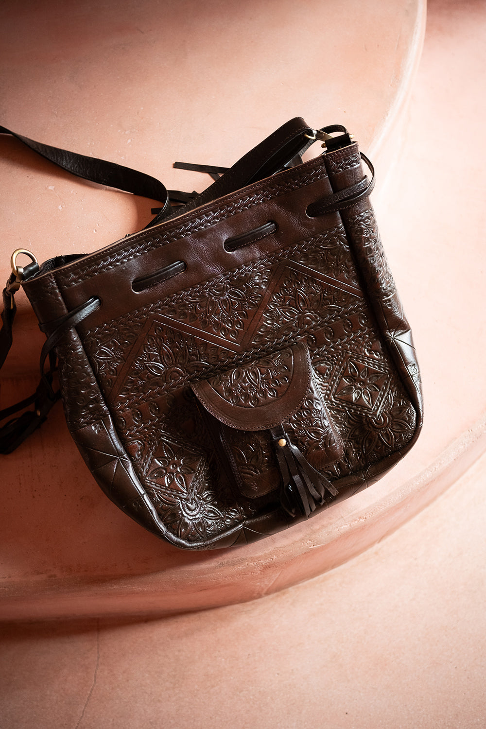 Wayfarer Bag | Hand Tooled Leather Crossbody Bag in Outlaw Oak | Jinx The Label