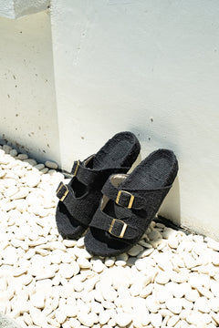 Footwear by Jinx the Label, the Woven Slides in Black