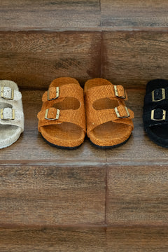Footwear by Jinx the Label, the Woven Slides in Terracotta